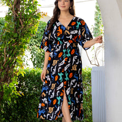 Women wearing multicolor V neck calf length dress
