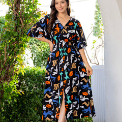 Women multicolor rayon fit and flare dress front view
