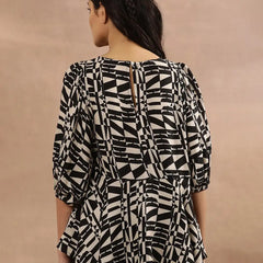 Beige & Black Geometric Printed A-Line Top