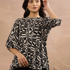 Beige & Black Geometric Printed A-Line Top