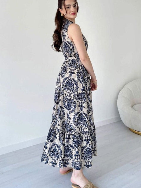 Black printed sleeveless fit and flare dress for female
