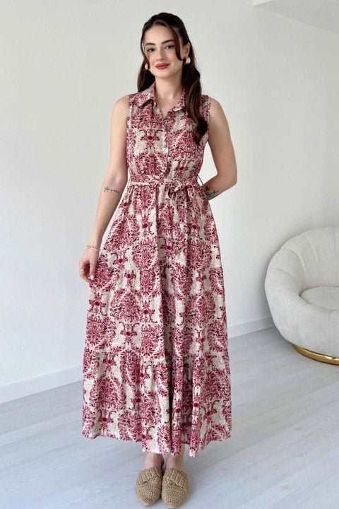 Girl maroon printed rayon fit and flare dress front view
