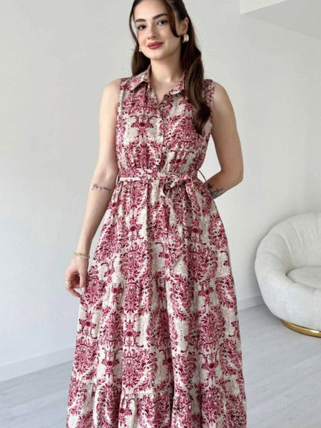 Maroon printed collar neck fit and flare dress for girl
