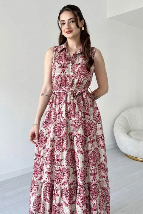 Maroon printed collar neck fit and flare dress for girl
