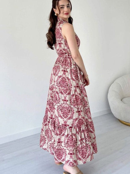Elegant maroon printed rayon dress sleeveless design
