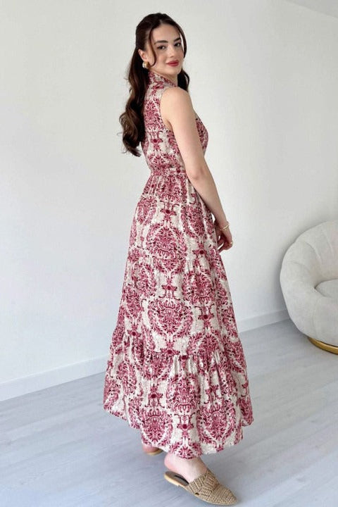 Elegant maroon printed rayon dress sleeveless design
