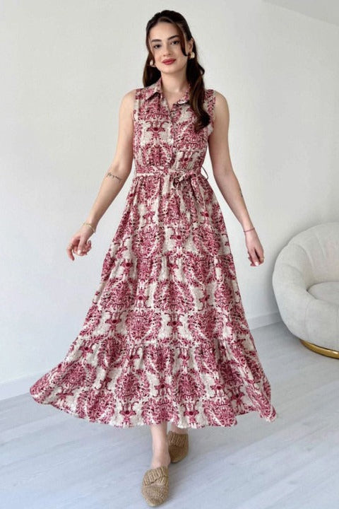 Girl maroon rayon dress full length standing pose
