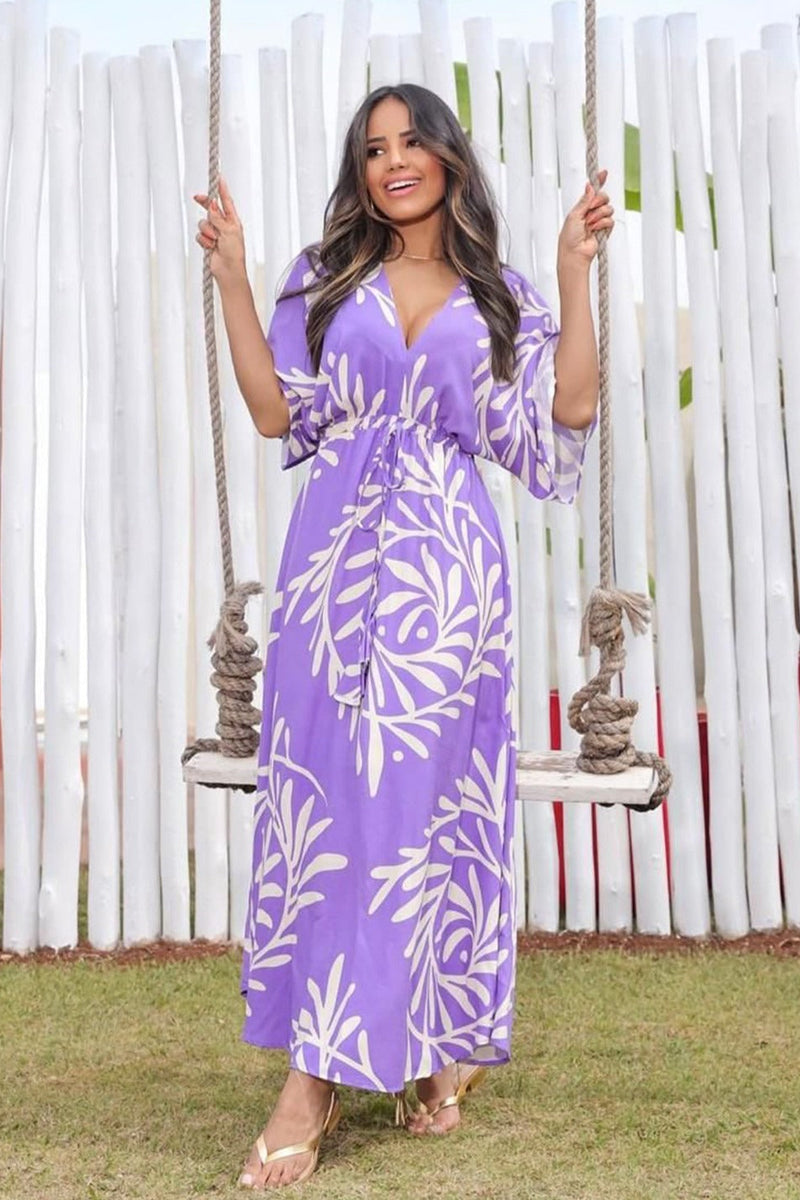 Lady purple printed rayon fit and flare dress front view
