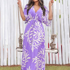 Lady purple printed rayon fit and flare dress front view
