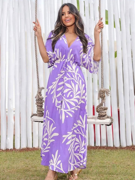 Lady purple printed rayon fit and flare dress front view
