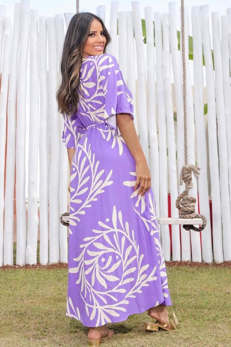 Purple printed V neck fit and flare dress for lady

