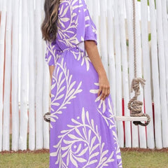 Purple printed V neck fit and flare dress for lady
