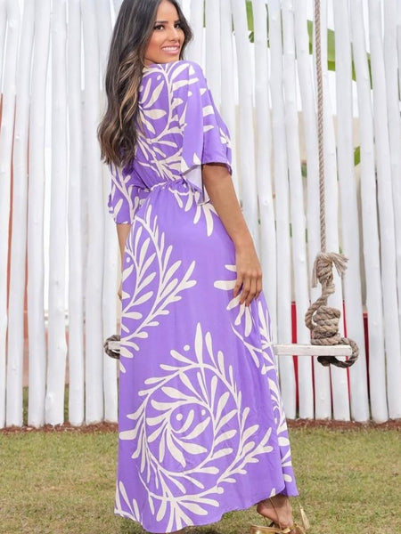 Purple printed V neck fit and flare dress for lady
