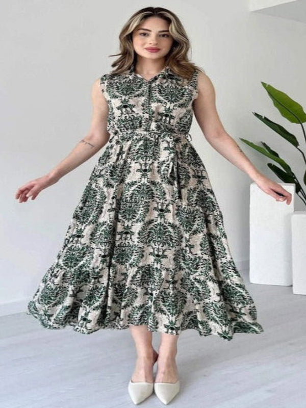 Woman green rayon dress side pose
