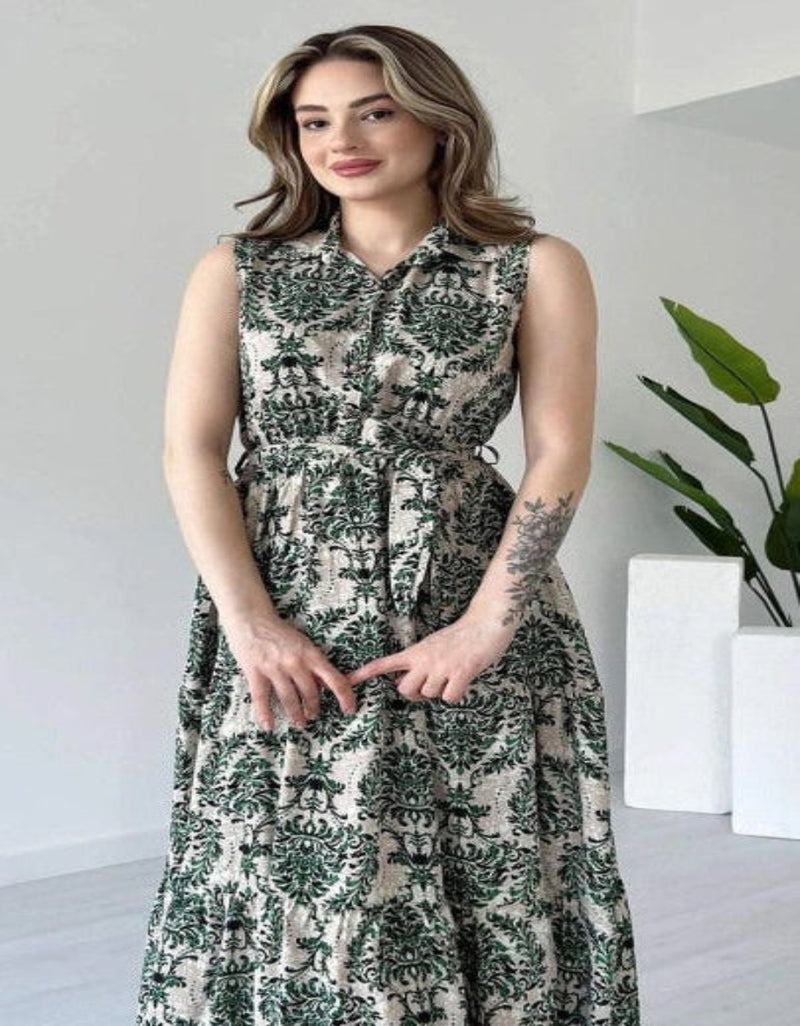 Green printed collar neck fit and flare dress for woman
