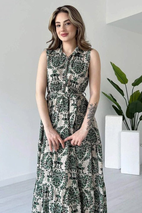 Green printed collar neck fit and flare dress for woman
