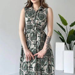 Green printed collar neck fit and flare dress for woman
