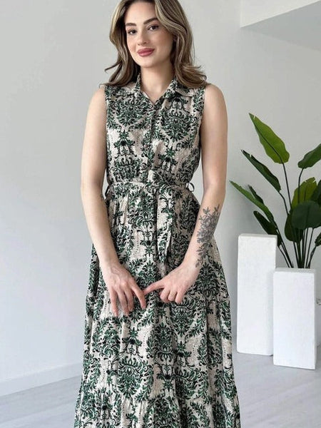 Green printed collar neck fit and flare dress for woman

