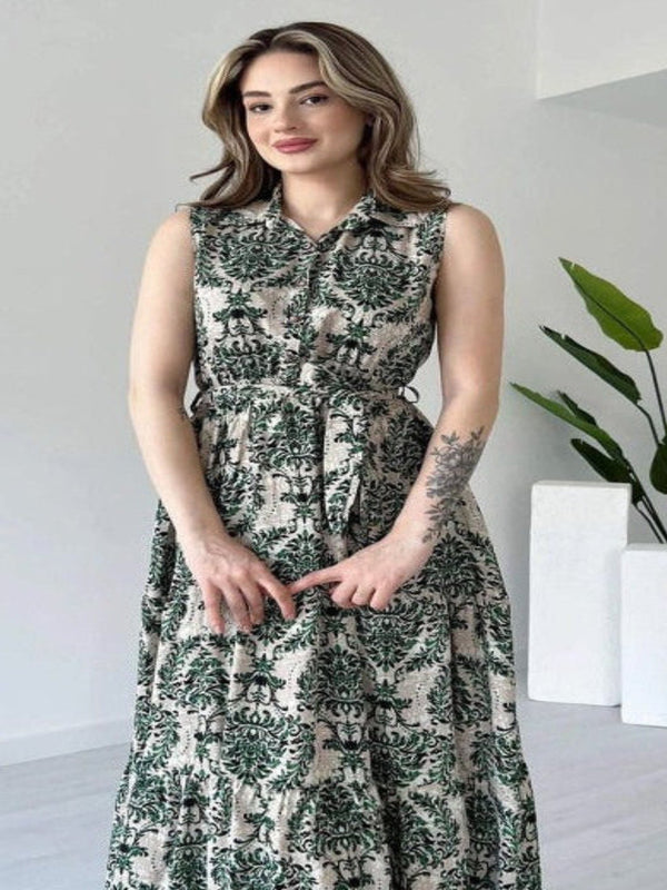 Green printed collar neck fit and flare dress for woman
