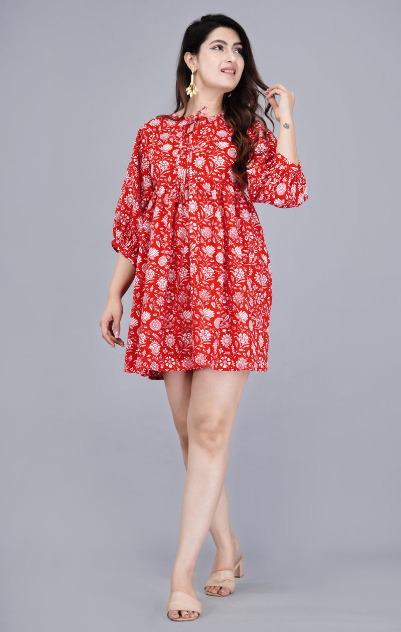 Women Red Floral Printed Viscose Rayon Dress