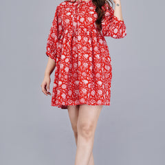 Women Red Floral Printed Viscose Rayon Dress