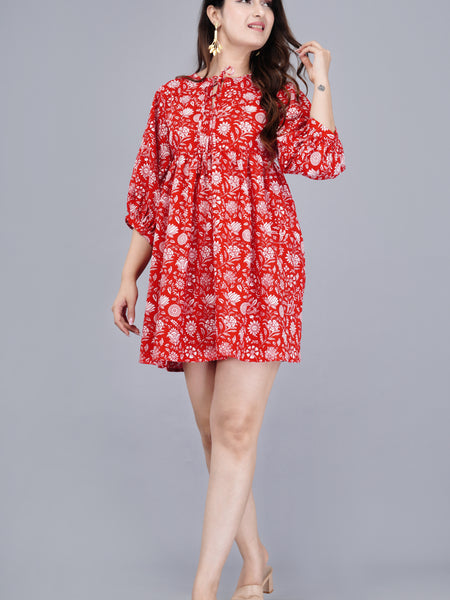 Women Red Floral Printed Viscose Rayon Dress