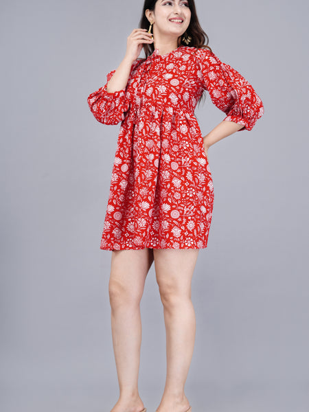 Women Red Floral Printed Viscose Rayon Dress