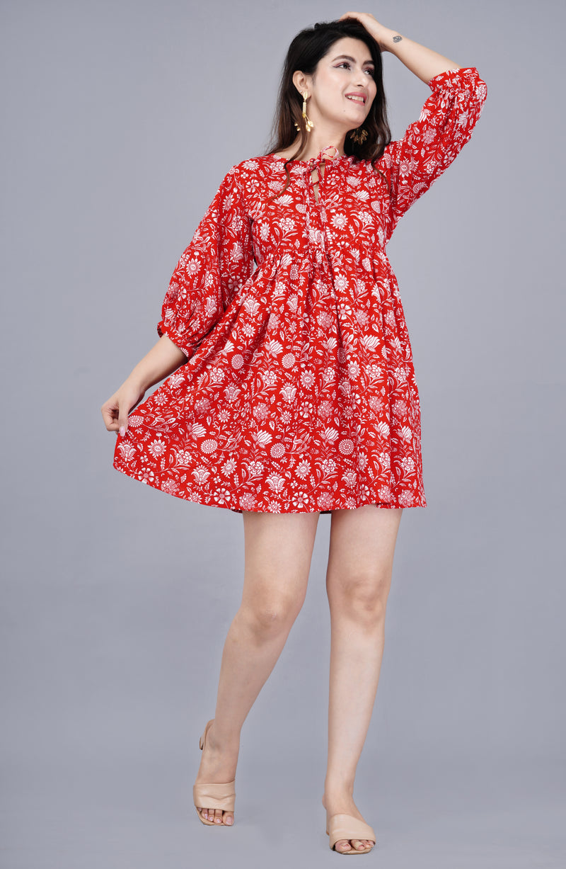 Women Red Floral Printed Viscose Rayon Dress