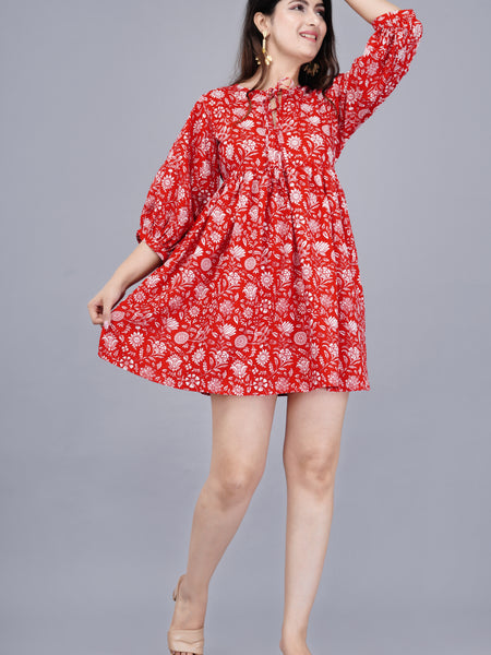 Women Red Floral Printed Viscose Rayon Dress
