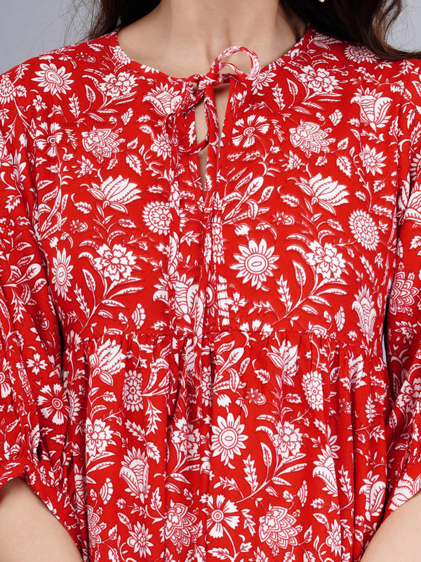 Women Red Floral Printed Viscose Rayon Dress