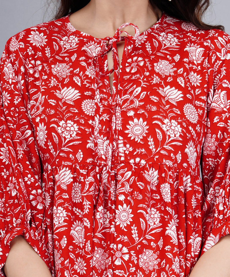 Women Red Floral Printed Viscose Rayon Dress
