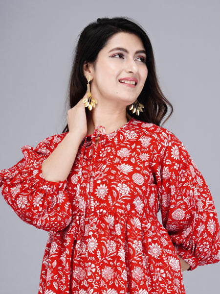 Women Red Floral Printed Viscose Rayon Dress