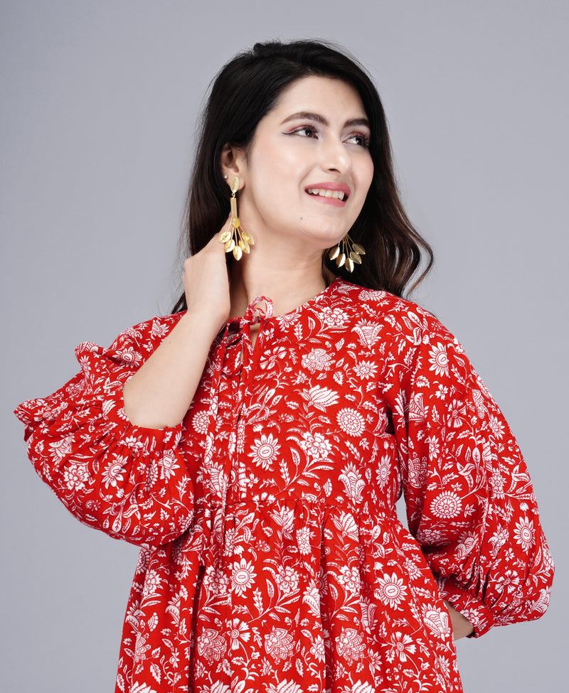Women Red Floral Printed Viscose Rayon Dress
