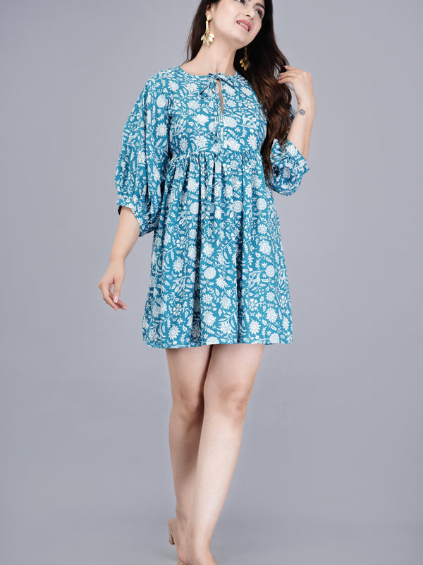 MANOJAVA Women Sky Blue Rayon Fit & Flare Dress