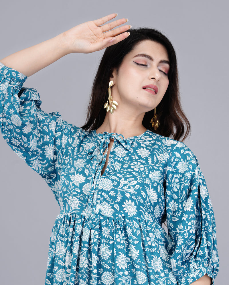 MANOJAVA Women Sky Blue Rayon Fit & Flare Dress